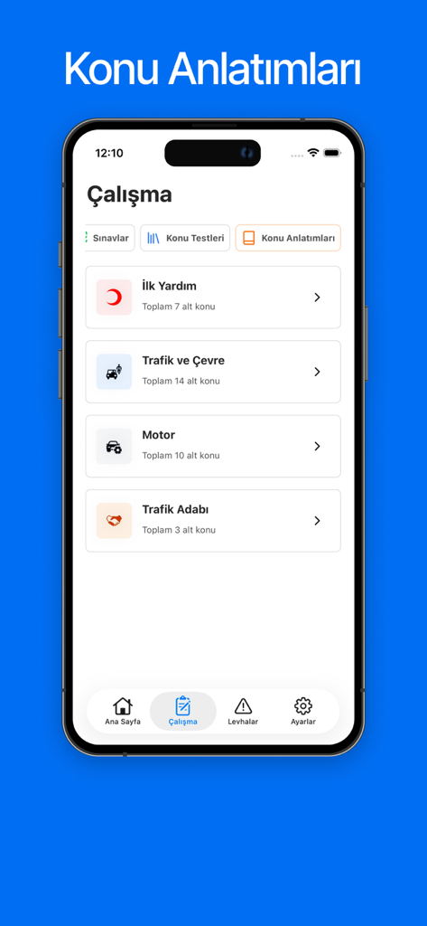 Ehliyet Rehberi Sınav Soruları - Mobile app screen showing driver license exam study topics like First Aid and Traffic Rules in Turkish.