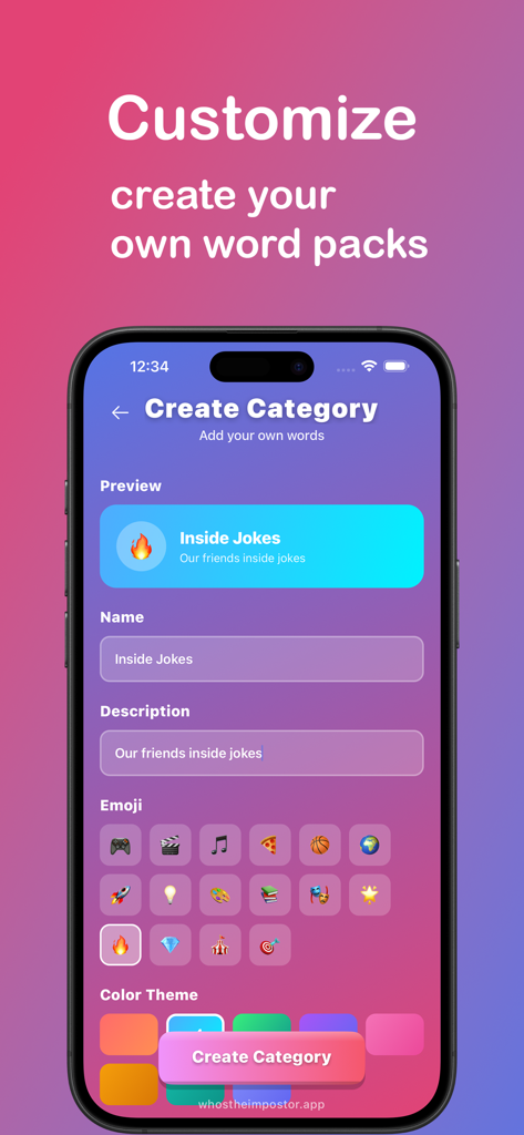 Un écran mobile montrant l'interface pour créer des catégories personnalisées et des packs de mots dans l'application Qui est l'imposteur.