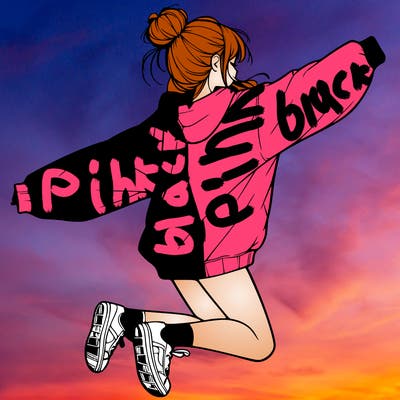 realistic girl jumping with a bun and oversized sweatshirt