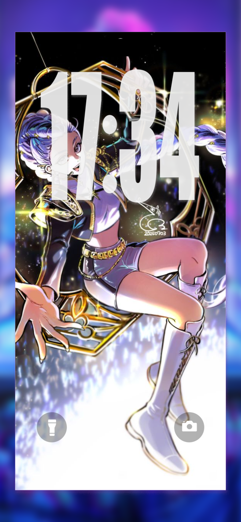 Personaje de anime con pelo morado en un fondo de pantalla de bloqueo de teléfono móvil.