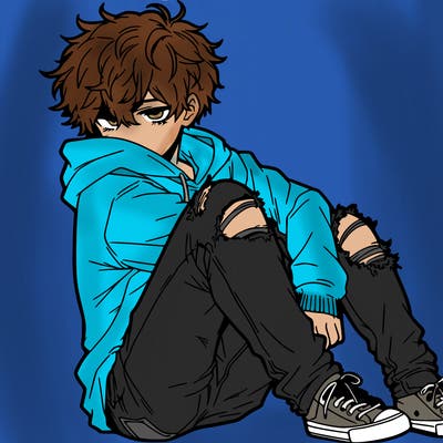 a male hoddie ripped jeans messy hair anime