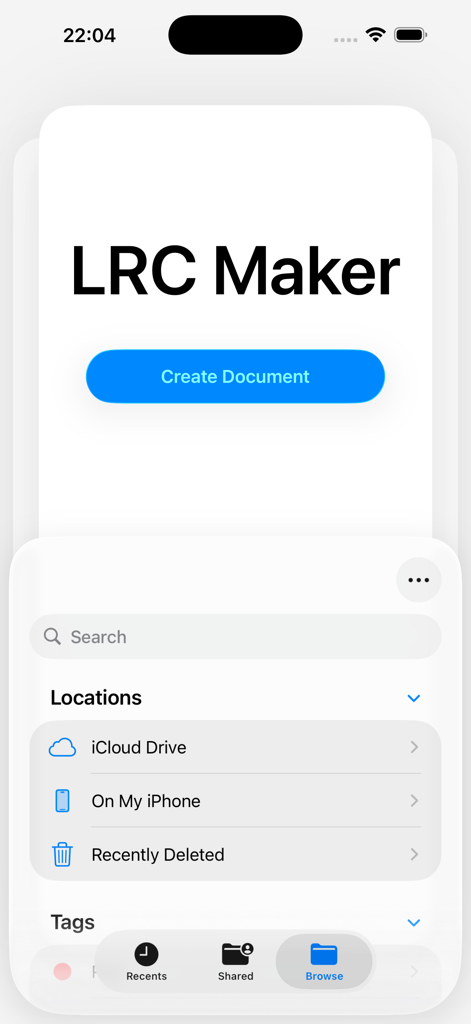 Home screen of LRC Maker for Lyrics app showing the create document button and file browser with iCloud Drive integration