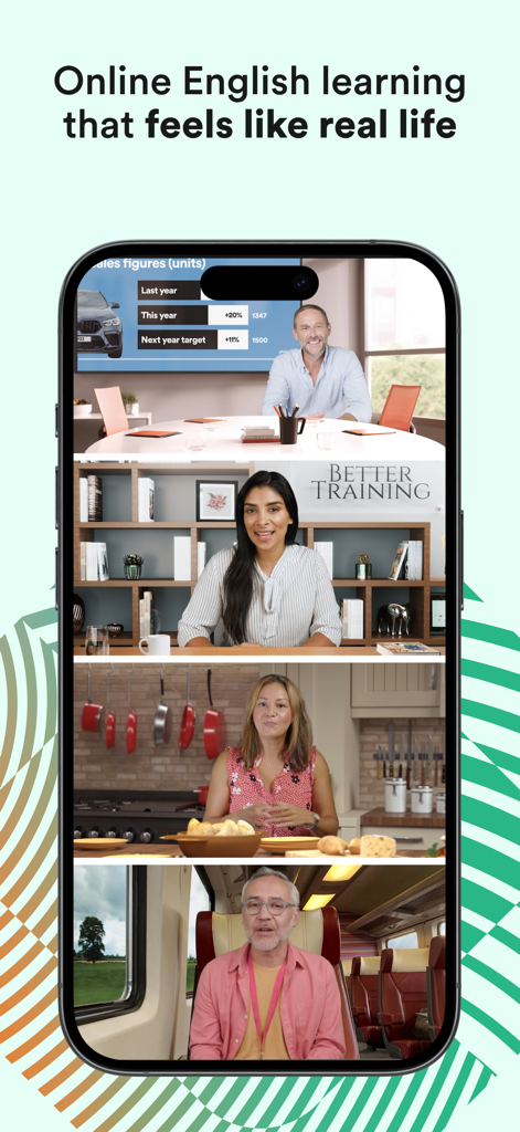 EF English Live app displaying various real life learning scenarios including business meetings and travel