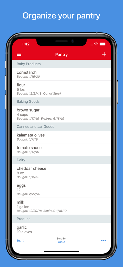 Paprika Recipe Manager 3 - Paprika Recipe Manager 3 app showing the pantry feature with a list of organized ingredients and tracking dates
