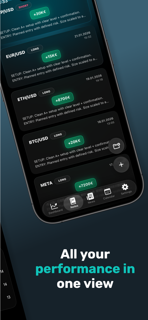 QuantView - Ai Trading Journal - Mobile screen of QuantView app showing a list of trades with profit outcomes and performance summary