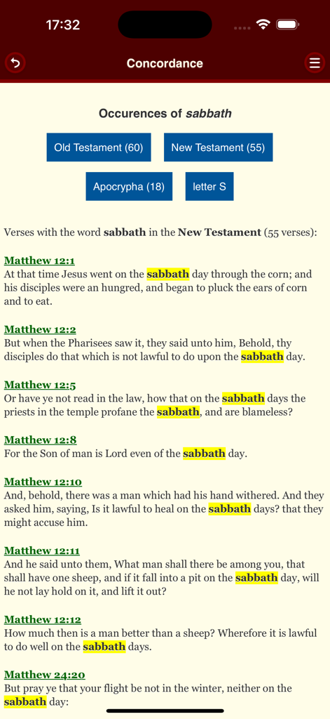 ArtBible - Pantalla de concordancia de la aplicación ArtBible mostrando una lista de versículos bíblicos que contienen la palabra sábado