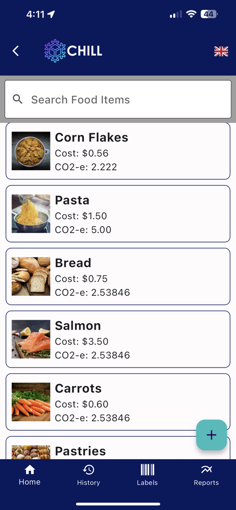 Chill app screen displaying food items with their financial cost and carbon footprint