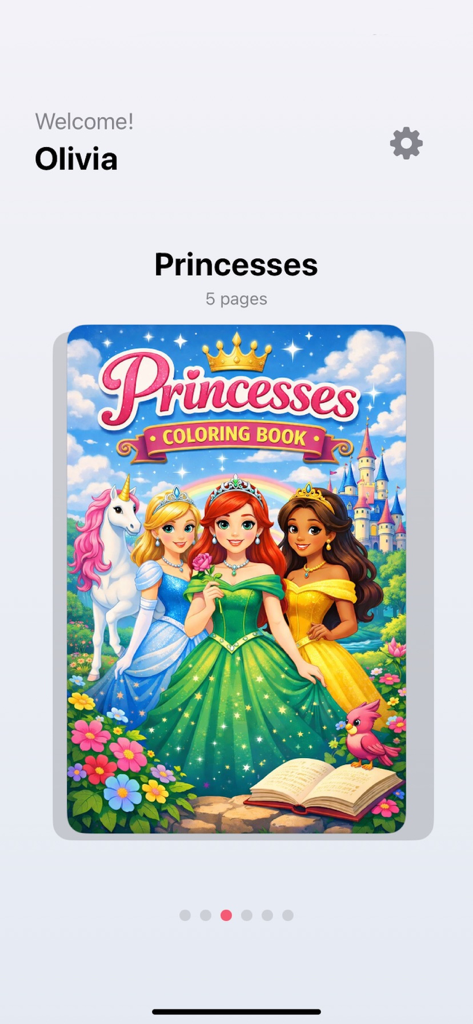 KidsFun Coloring Books - KidsFunお絵かき帳アプリのウェルカム画面。オリビアのプロフィールとお姫様のお絵かき帳の表紙が表示されています。