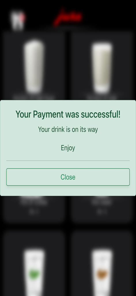 JURA Pocket Pilot V2 - A confirmation message on the JURA Pocket Pilot V2 app indicating a successful payment for a coffee drink.