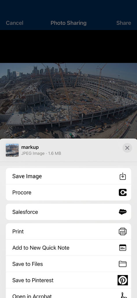 EarthCam - EarthCam app photo sharing screen with construction site view and integration options for Procore and Salesforce