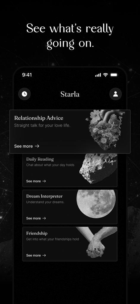 Starla app home screen displaying relationship advice and dream interpretation features
