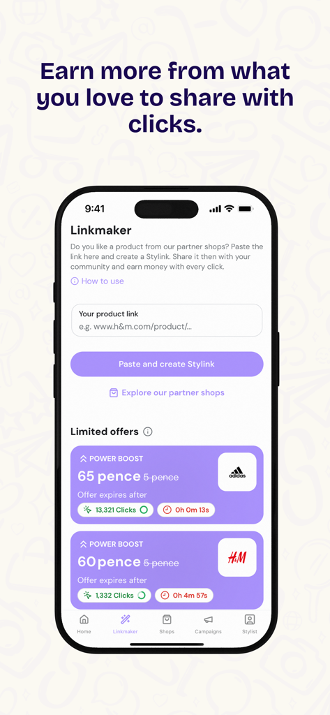 stylink – your creator tool - Oberfläche des stylink Creator Tools, die die Linkmaker-Funktion und die Einnahmen pro Klick für Marken wie Adidas und HM zeigt