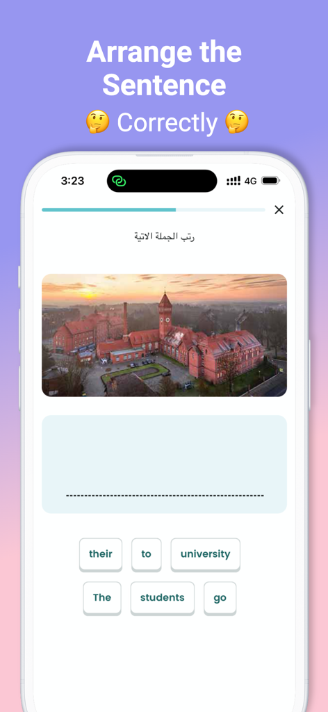 Interfaz de la aplicación Taleek que presenta un ejercicio interactivo de organización de oraciones en inglés para hablantes de árabe.