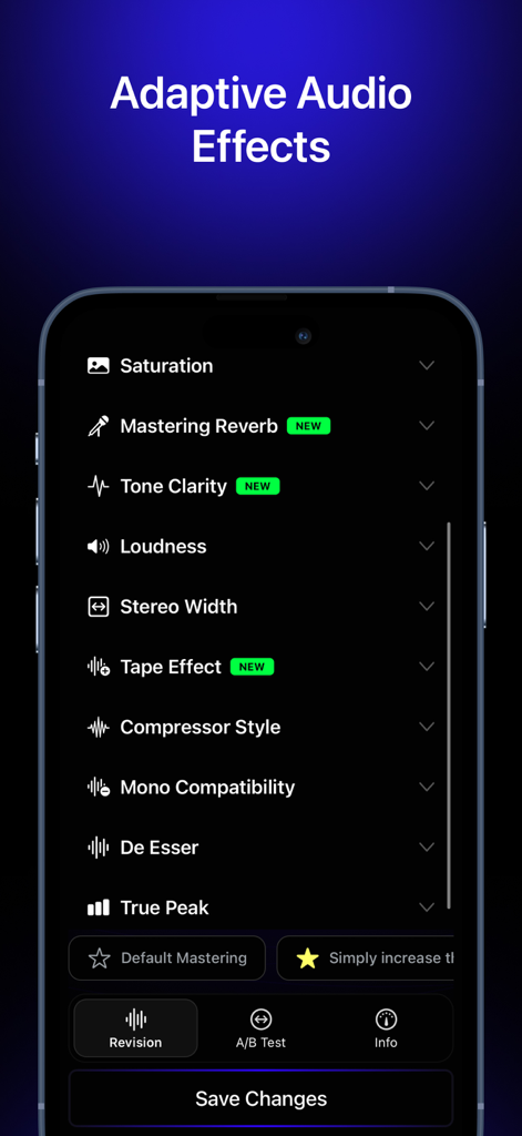 Audio Mastering - SoundBoost - Interface of SoundBoost app displaying a list of adaptive audio effects for music mastering