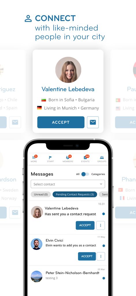 InterNations - InterNations-App-Oberfläche mit Expat-Profilen und Kontaktanfragen für soziales Networking.