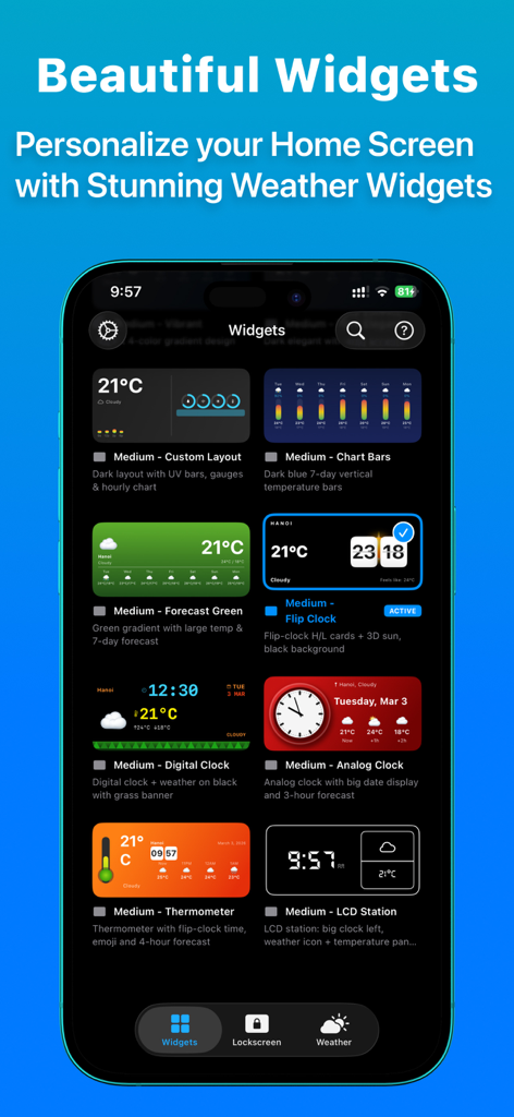 Una colección de varios diseños de widgets del clima para la personalización de la pantalla de inicio del iPhone, incluyendo estilos digitales y analógicos.