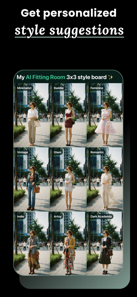 Fitting Room: Virtual Try On - A 3x3 style board in the Fitting Room app showing a woman in nine different AI-generated fashion styles including minimalist and vintage.