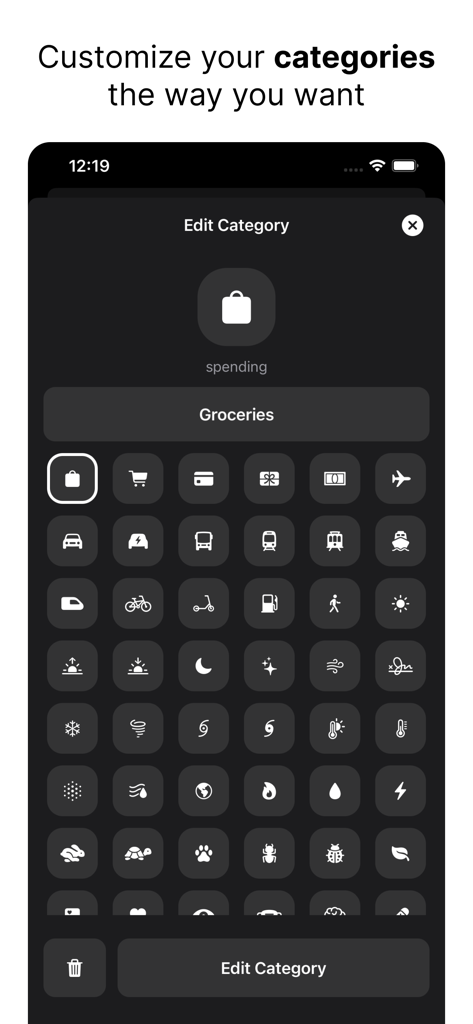 Spendy - Spendings reimagined - Minimalist icon grid for customizing expense categories in the Spendy app