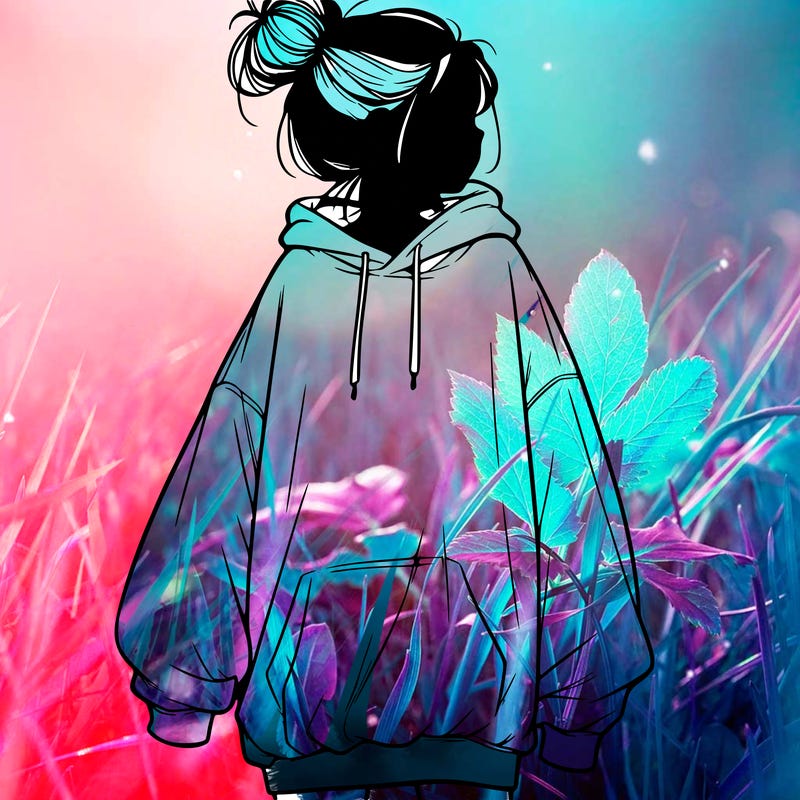 realistic girl with a oversized sweatshirt on and a bun