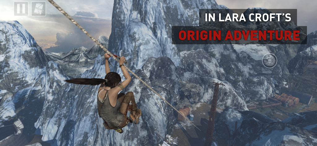 Lara Croft deslizándose por una tirolina en un paisaje montañoso nevado en Tomb Raider para iOS.