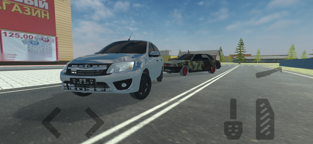 Gameplay of Simulator Real Oper Car showing two cars on a city street with driving controls