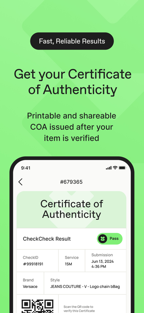 CheckCheck App - A Certificate of Authenticity for a verified item shown on the CheckCheck mobile app