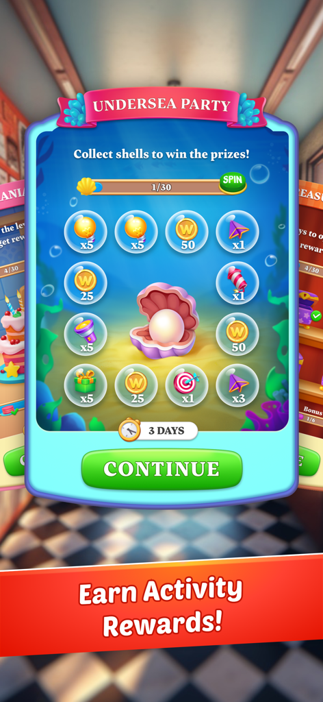 Word Shop - Fun Spelling Games - Undersea Party event screen in Word Shop showing activity rewards and prizes