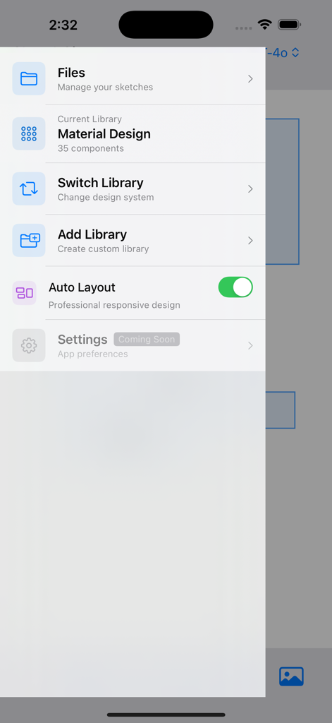 SketchSite - A sidebar menu in the SketchSite app showing options for library management and auto layout toggle