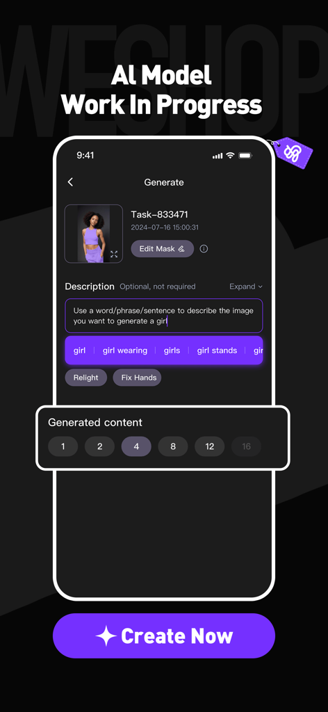 WeShop AI - Swap Face & BG - Oberfläche der WeShop AI App mit Text-Prompts und Optionen zur Generierung von KI-Mode-Models für E-Commerce-Marken