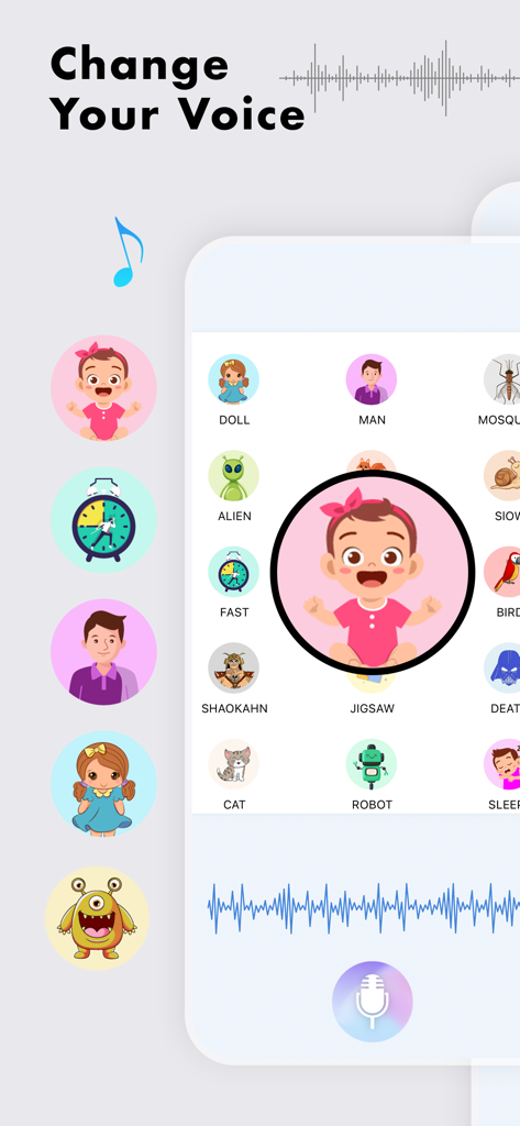 Girls Voice Changer ! - A screenshot of the Girls Voice Changer app showing various voice effect icons like doll, man, alien, and robot