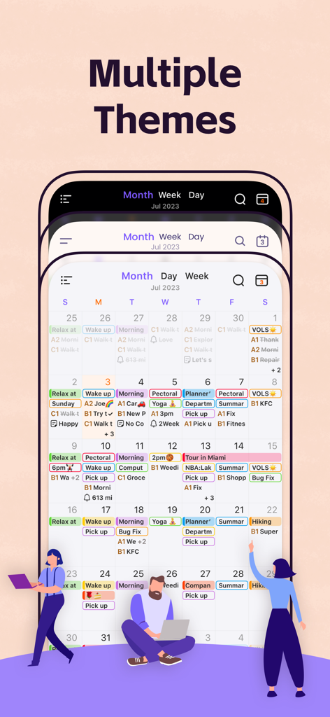 Planner Pro - Daily Planner - Three smartphone screens displaying different color themes for the Planner Pro monthly calendar interface