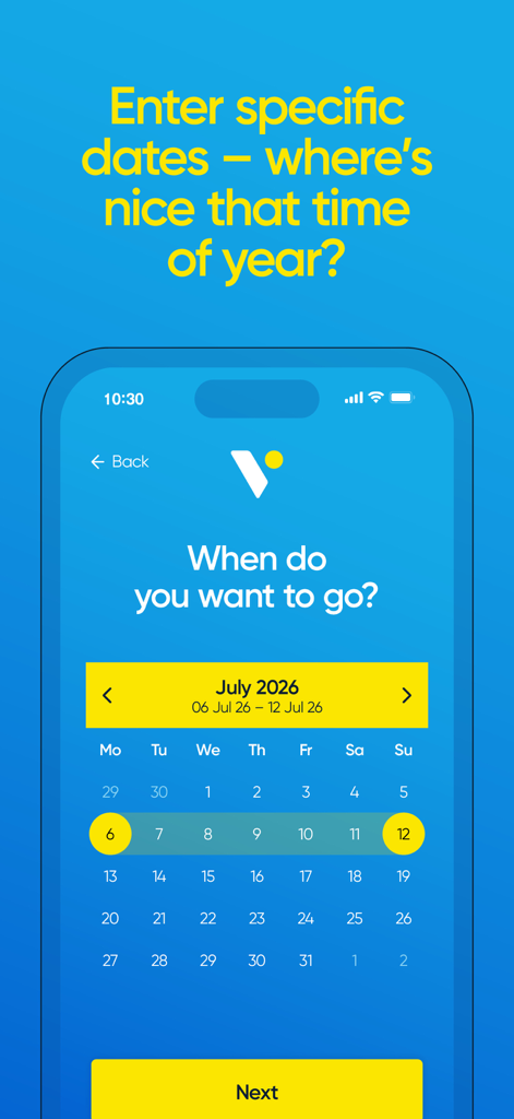 Vacay Weather - Interfaz de calendario de la aplicación Vacay Weather para seleccionar fechas de vacaciones