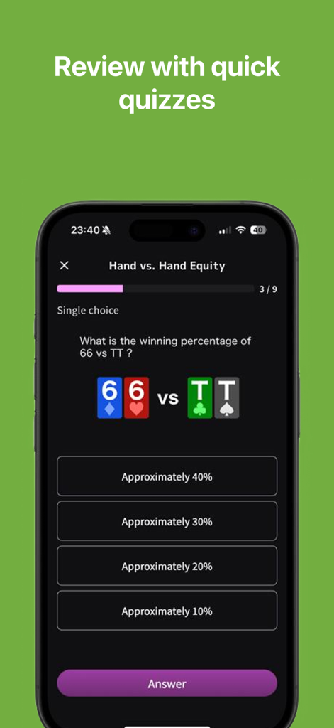 NTPoker – GTO Poker Trainer - NTPoker app quiz screen testing hand versus hand equity knowledge