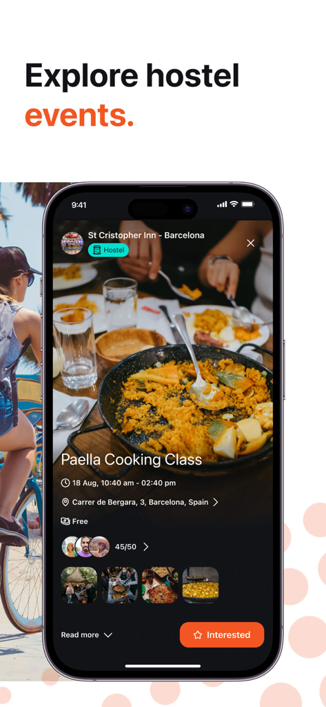 Hostelworld app screen showing a paella cooking class event in Barcelona