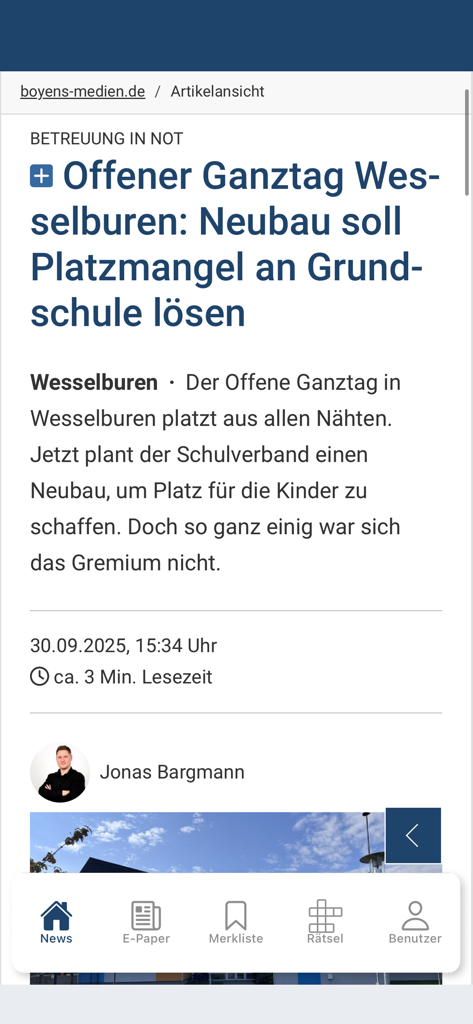 Boyens Medien App Nachrichtenartikel-Oberfläche mit lokalen deutschen Nachrichten