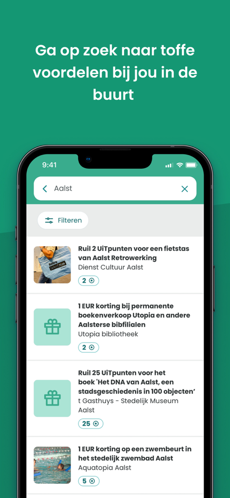 UiTPAS App - Pantalla de la app UiTPAS que muestra recompensas de ocio locales y opciones de canje de puntos.