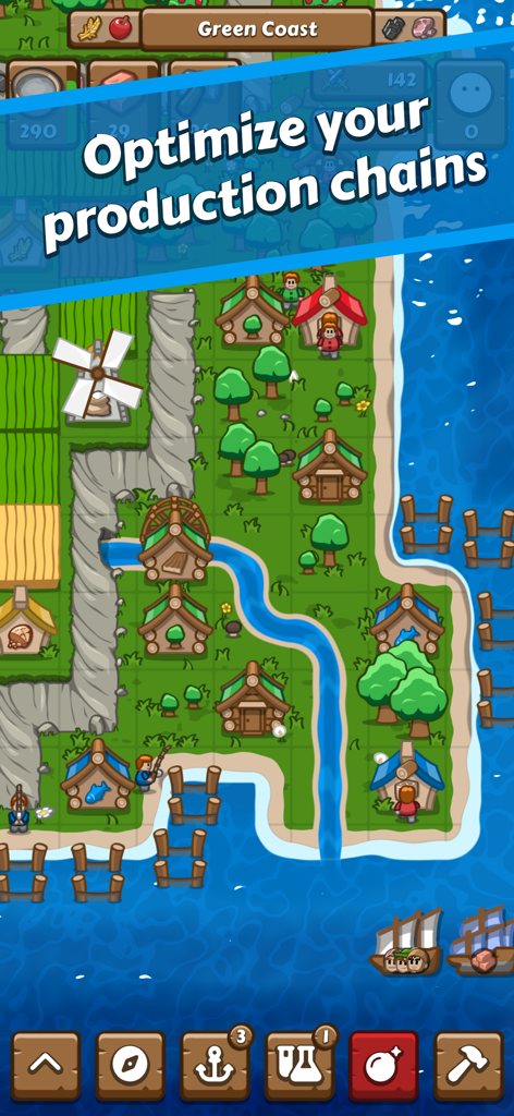 Gameplay screenshot showing a coastal city with medieval buildings and a river to optimize production chains.