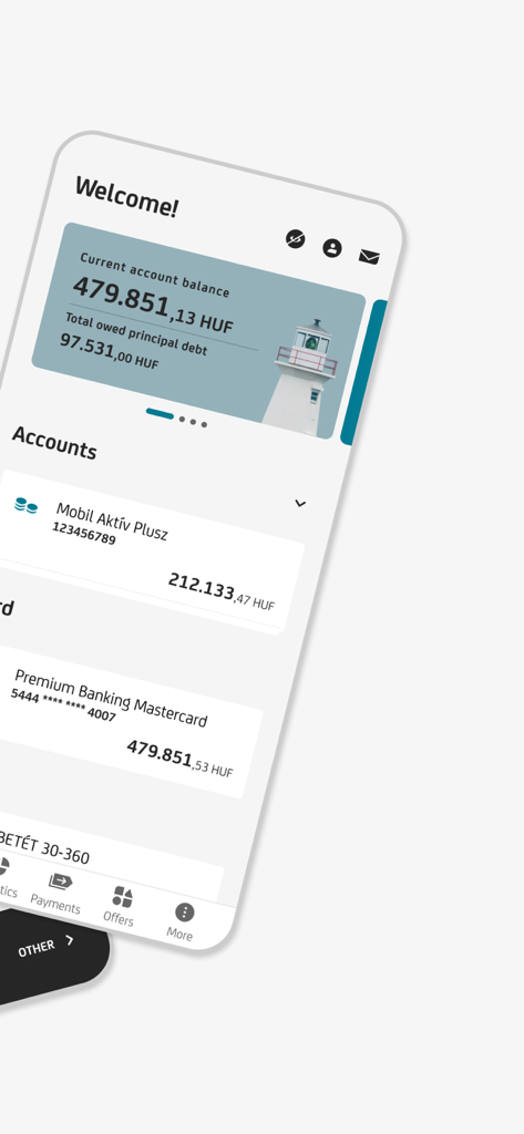 UniCredit mBanking app dashboard showing account balances and credit card information in HUF