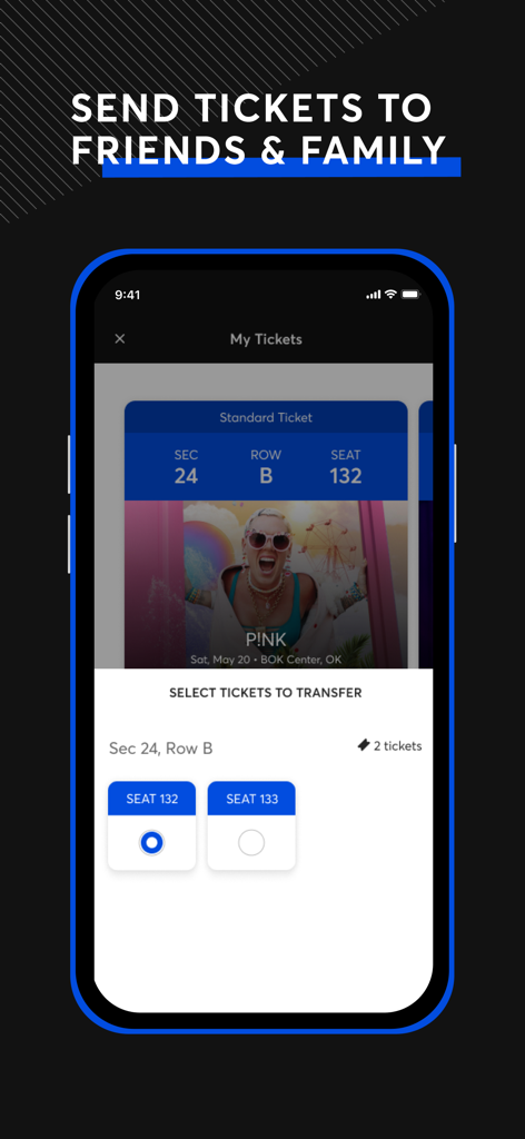 A screenshot of the Ticketmaster app interface for selecting and transferring digital tickets to friends.