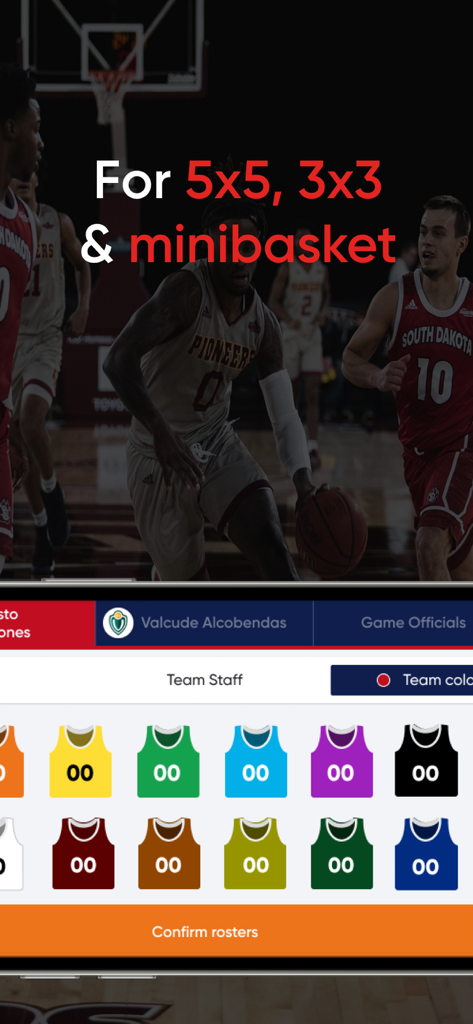 InGame by NBN23 - Pantalla de la aplicación InGame que muestra los modos de juego de baloncesto para 5x5 y 3x3 junto con un menú de selección de color de camiseta del equipo