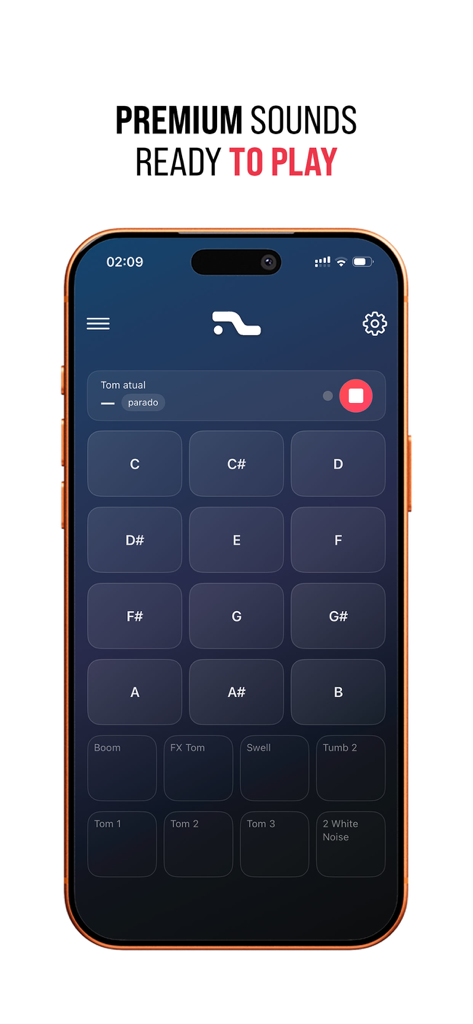 PadLab app interface showing a grid of musical note pads and drum triggers for live worship performance on an iPhone