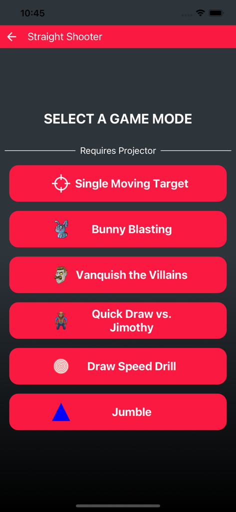 Game mode selection screen for the Straight Shooter laser training app