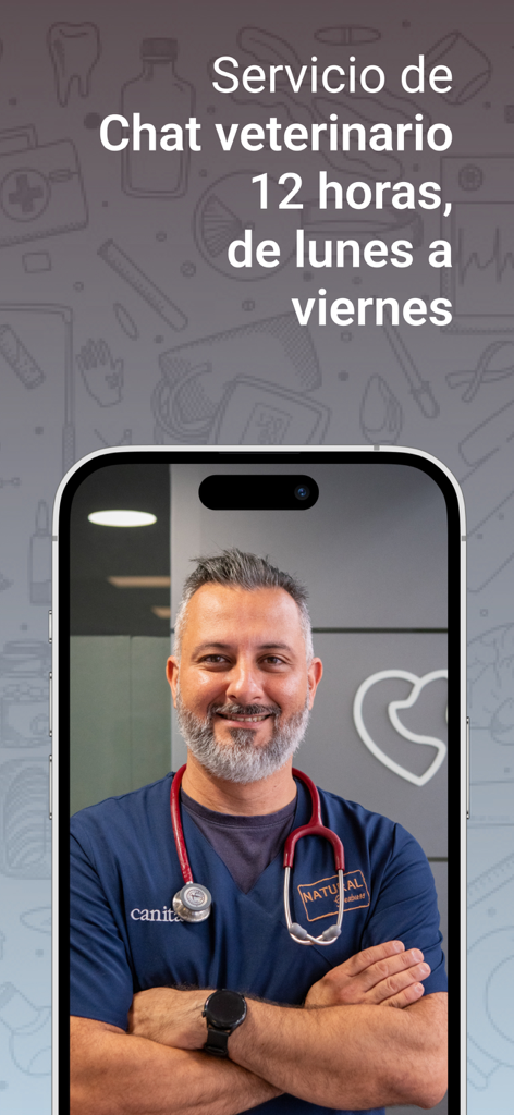 Canitas Vet - Smartphone displaying a professional veterinarian and text describing a 12-hour veterinary chat service available Monday to Friday