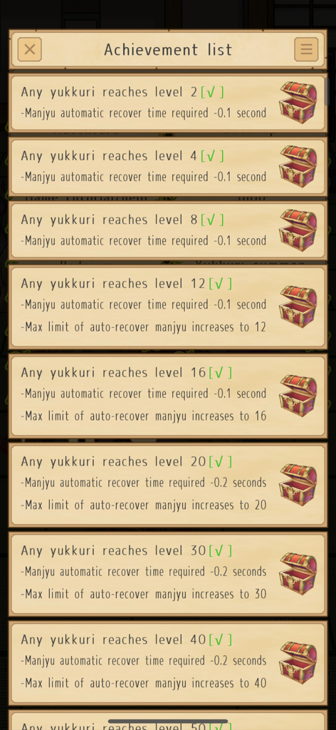 Yukkuri My Friends - Achievement list screen in Yukkuri My Friends showing level milestones and manjyu recovery rewards