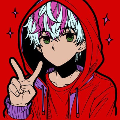 teenage manga boy in a hoodie, doing ✌
