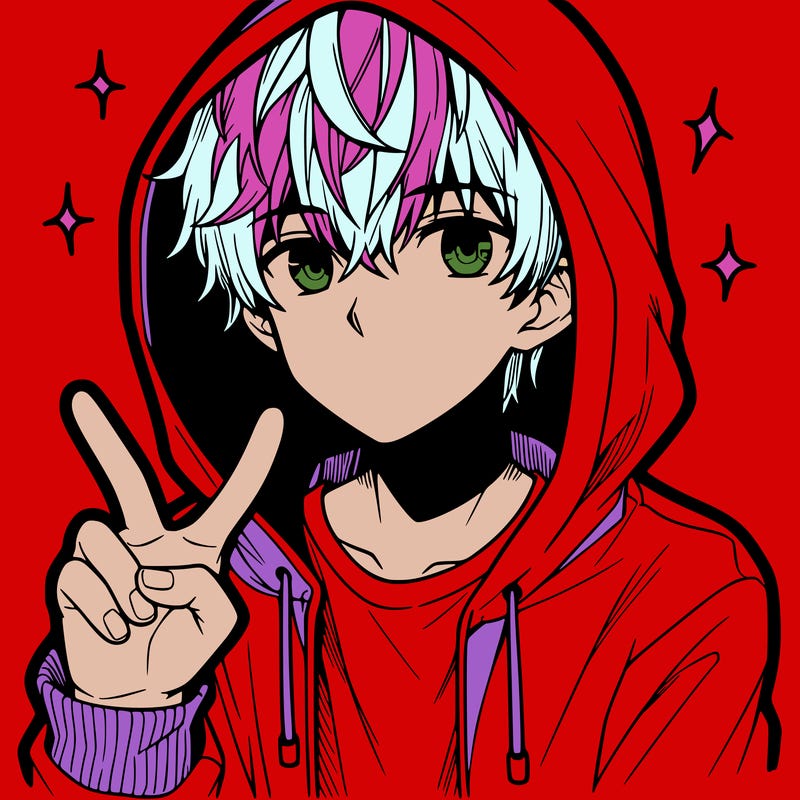 teenage manga boy in a hoodie, doing ✌