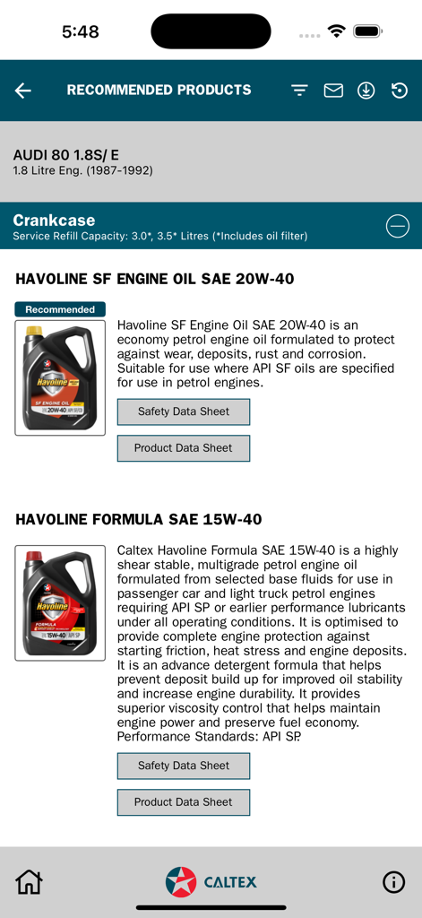 NetLube Caltex New Zealand - Havoline engine oil product recommendations for an Audi 80 in the NetLube Caltex app