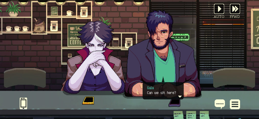 Two fantasy characters sitting at a coffee shop counter in the pixel art game Coffee Talk