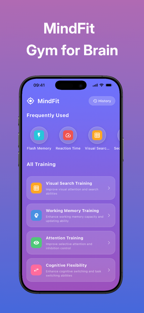 MindFit - Your Brain Gym - MindFit mobile app interface showing various cognitive training programs like Visual Search and Working Memory Training