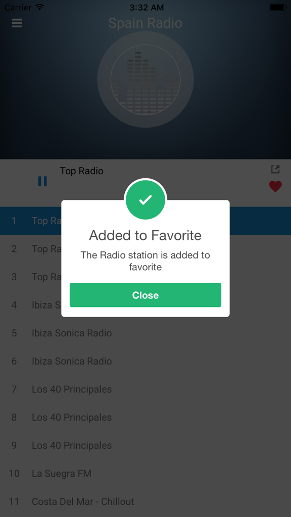 Bestätigungsbildschirm der Spain Radio Station App, der einen zu den Favoriten hinzugefügten Radiosender anzeigt